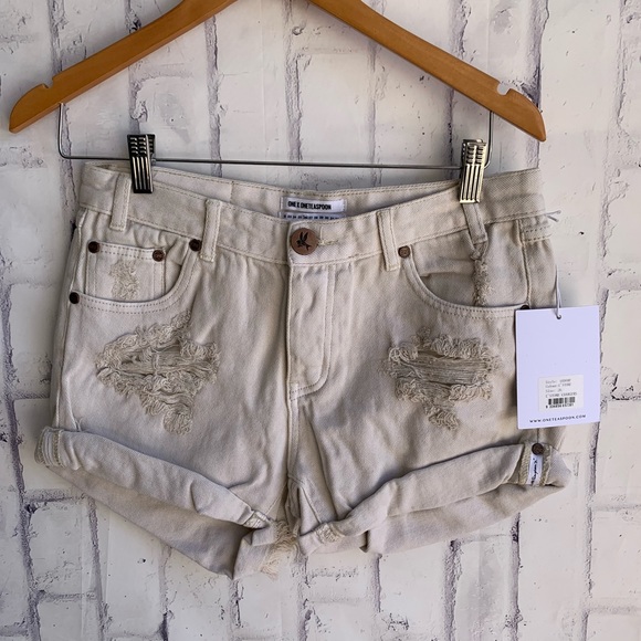 ONE Teaspoon Chargers L’stone White Denim Cut Off Shorts - Picture 1 of 12
